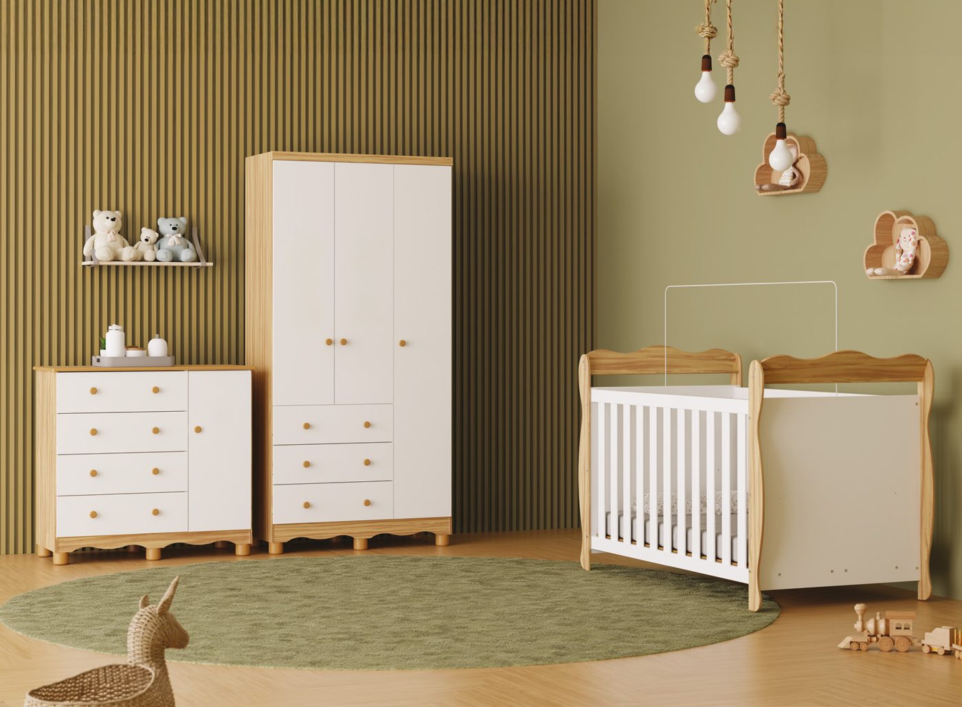 Berço Lisi + Cômoda Junior com Sapateira + Armário Junior 3 Portas